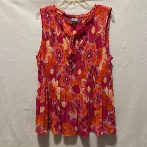 Elle Sleeveless Floral Tie-Neck Blouse in Pink and Orange